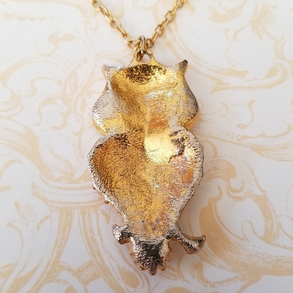 Vintage Mid Century 1960s Enamel Goldtone Owl Pendant Necklace - Picture 10 of 16